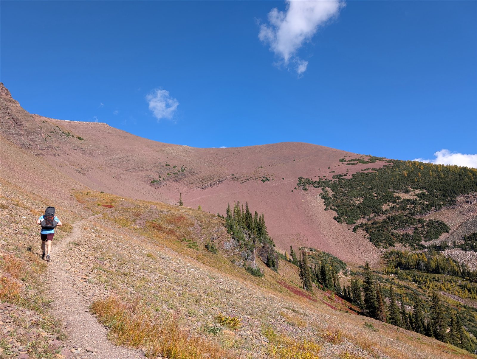 A hiker following a trail toward a reddish ridge under a blue sky