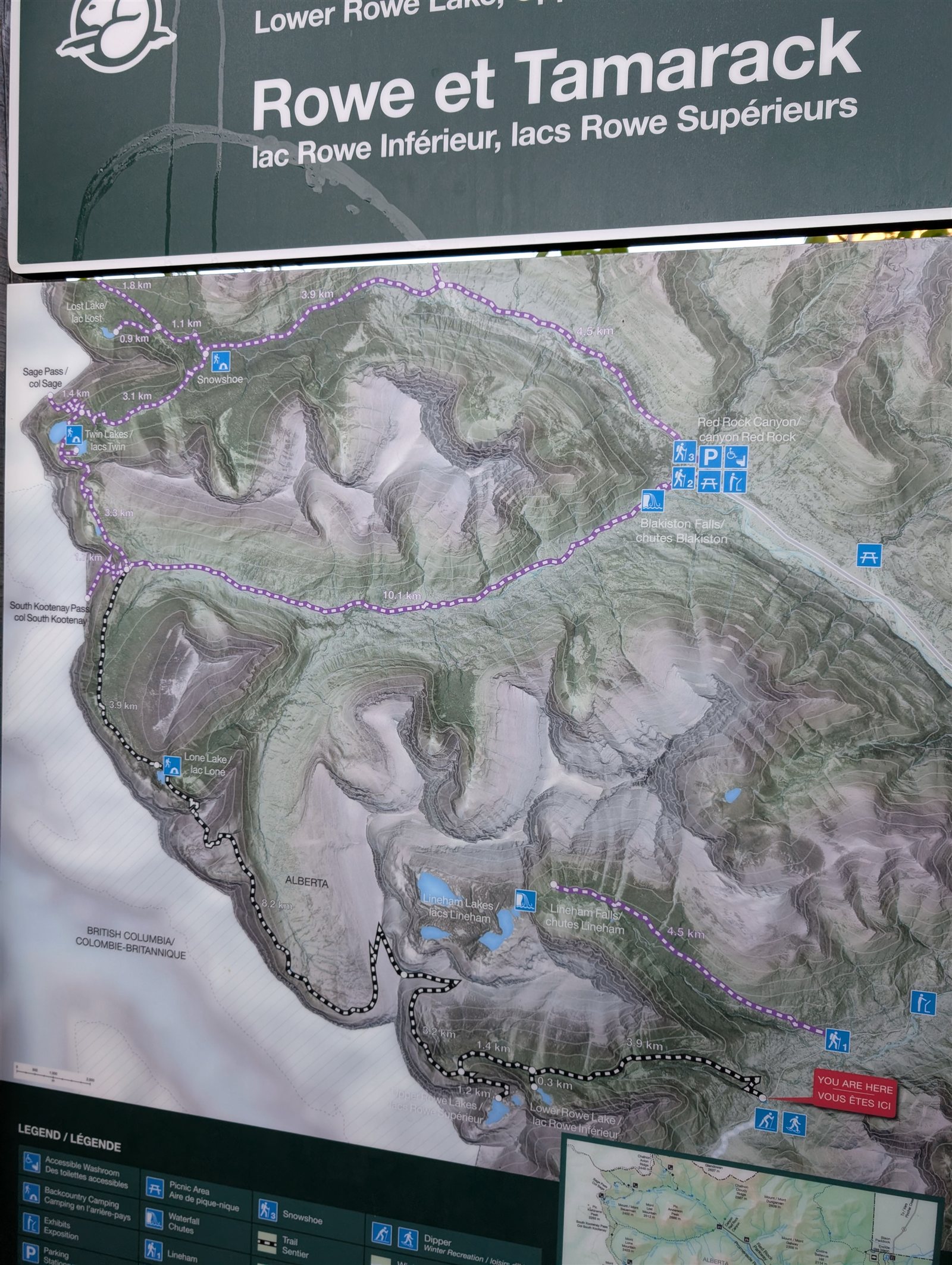 Rowe and Tamarack trailhead map showing Lone Lake, Twin Lakes, Sage Pass, and Red Rock Canyon